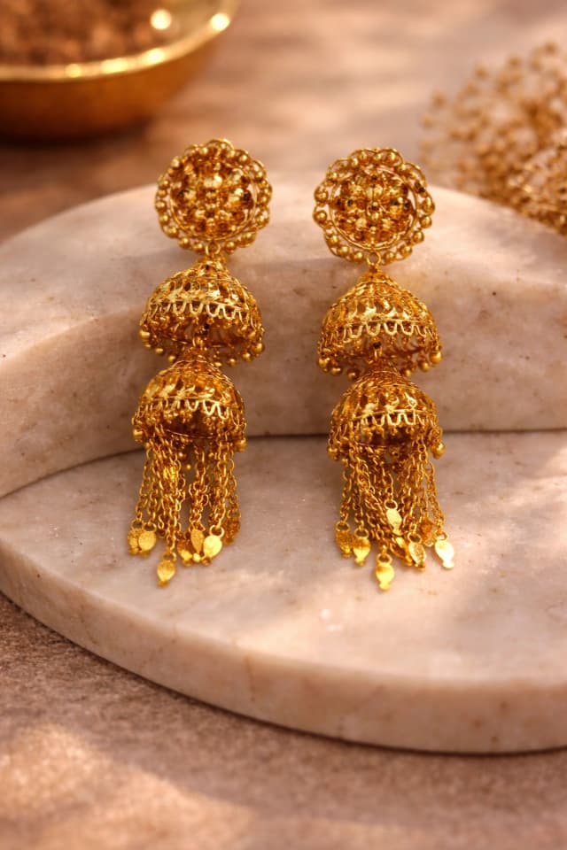 Ornate Tiered Gold Jhumkas