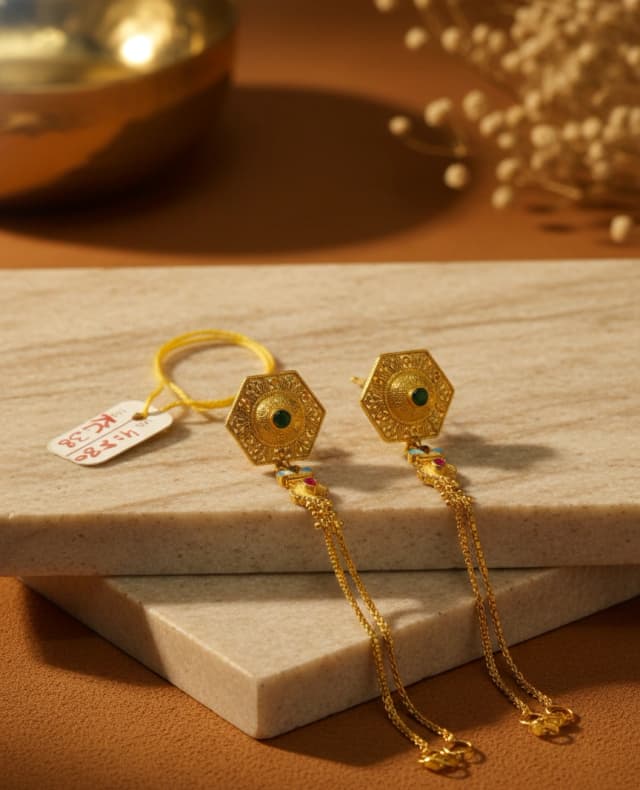 Hexagon Tassel Gold Danglers